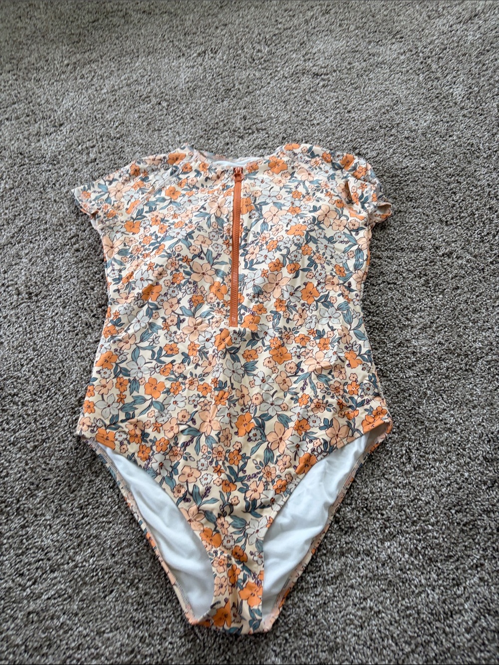 Amazon Floral Zip Front One-Piece Swimsuit - Orange, Cream & Green